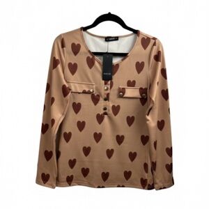 NWT SHEILAY Brown Heart Print Ribbed Henley Top Gold Snap Pockets